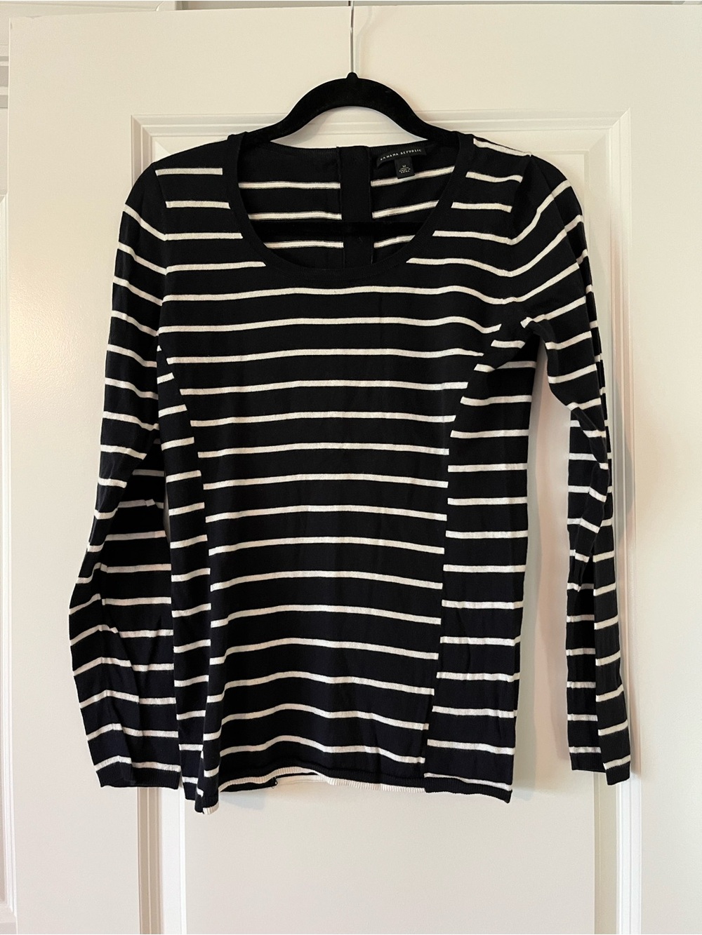 Banana Republic navy & white striped long sleeve top with button detail on back